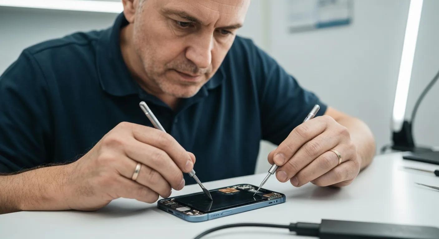 Technician repairing smartphone screen with precision tools, demonstrating Bizup's phone repair services in Broken Hill.
