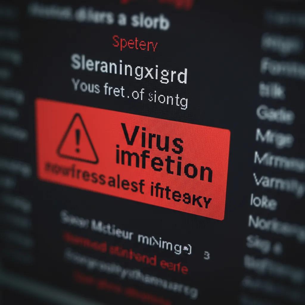 Close-up of a computer screen displaying a warning message about virus infection, featuring a prominent red alert box with the text "Virus infetion" amidst other suspicious activity indicators, highlighting potential malware issues.