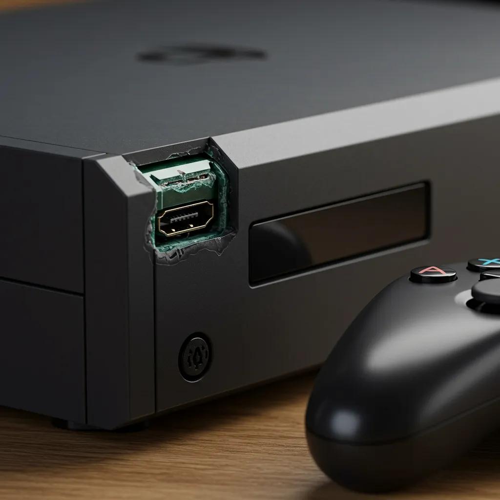 Close-up of a damaged gaming console with a broken HDMI port and a black controller, illustrating common repair issues like dock connectivity problems and physical wear.