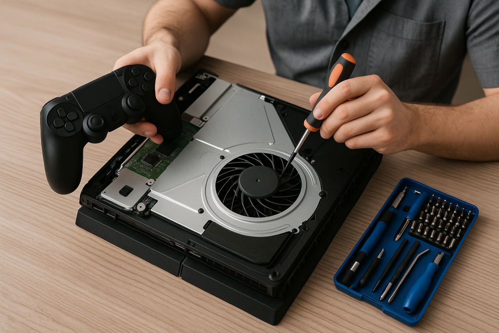 Person repairing a gaming console with a screwdriver, holding a controller, surrounded by tools, highlighting expert gaming console repairs in Stirling North by Bizup.