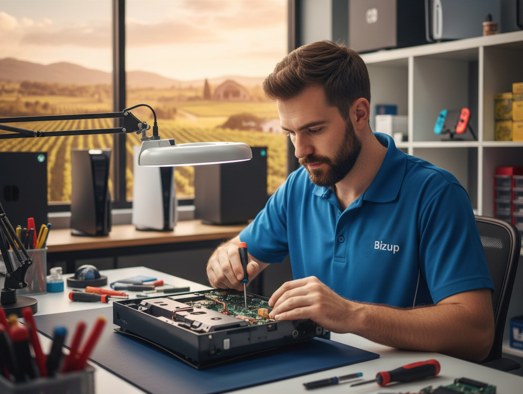 Technician in blue Bizup polo repairing a gaming console on a desk with tools and a scenic vineyard view.
