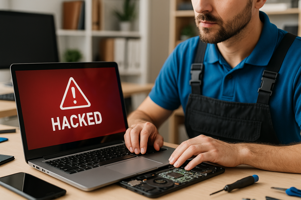 Technician repairing a laptop displaying a "HACKED" warning, surrounded by tools and smartphones, illustrating hacked computer repair services in Murray Bridge.