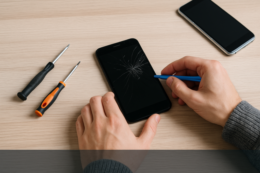 Hand repairing a cracked smartphone screen with tools, including screwdrivers, on a wooden surface, representing phone repair services by Bizup in Murray Bridge.