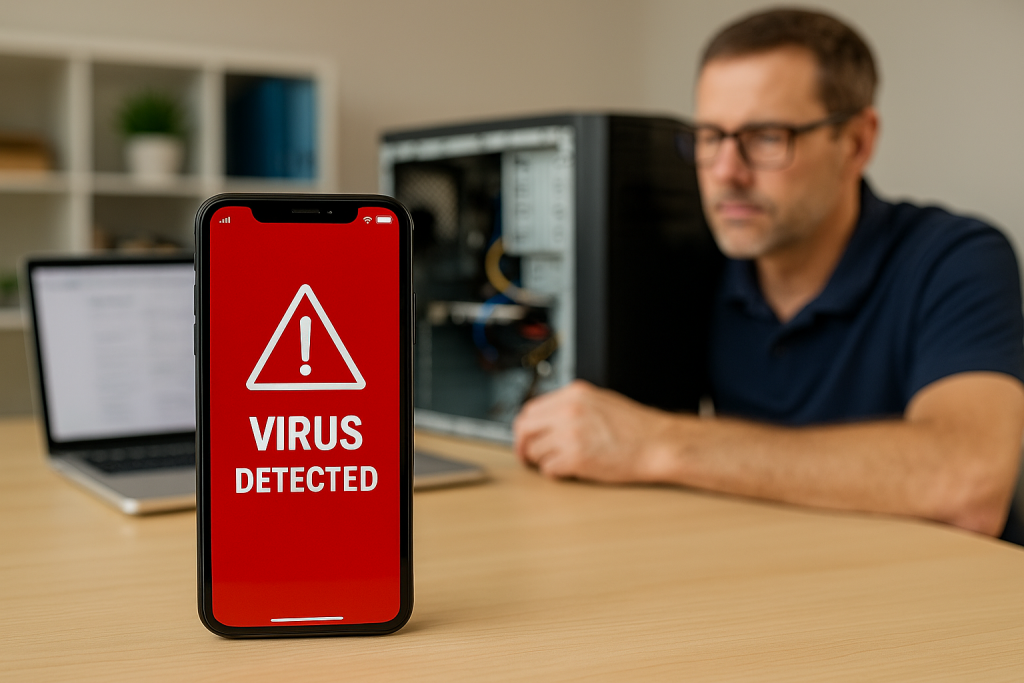 Smartphone displaying "VIRUS DETECTED" alert in front of a technician working on a computer, emphasizing mobile virus repair services offered by Bizup in Murray Bridge.