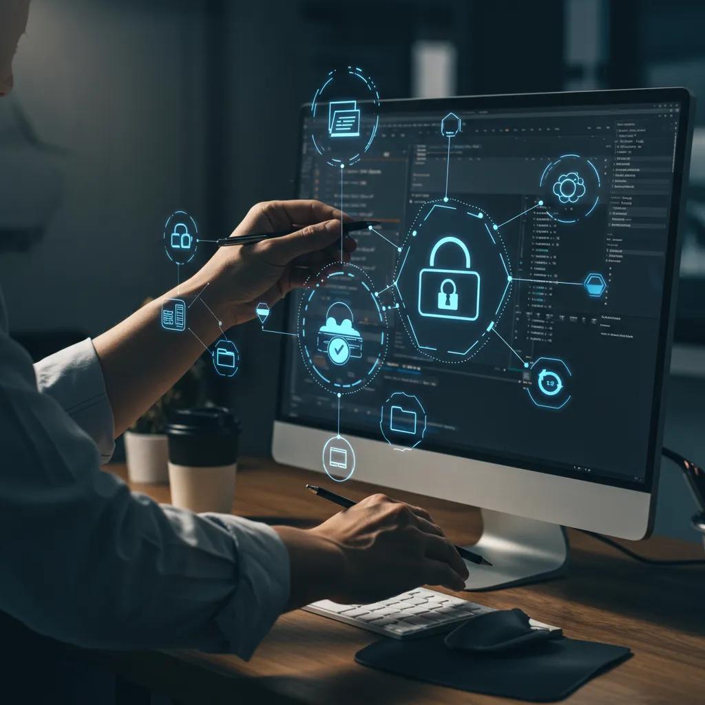 Technician analyzing computer security options with holographic icons representing data protection and recovery strategies for ransomware.