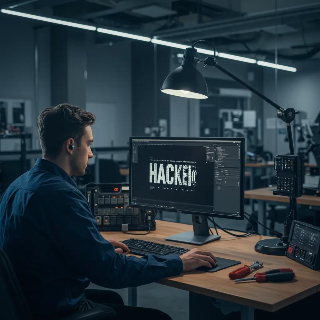 Technician working on a computer in a modern IT support environment, focusing on hacking issues, with "HACKED" displayed on the screen, tools and devices on the desk, emphasizing cybersecurity and hacked computer repair services in South Broken Hill.