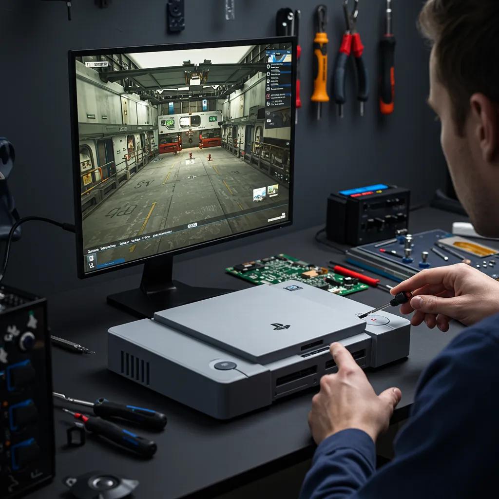 Technician diagnosing and repairing a PlayStation console in a workshop, with tools and a monitor displaying a game environment, highlighting gaming console repair services.