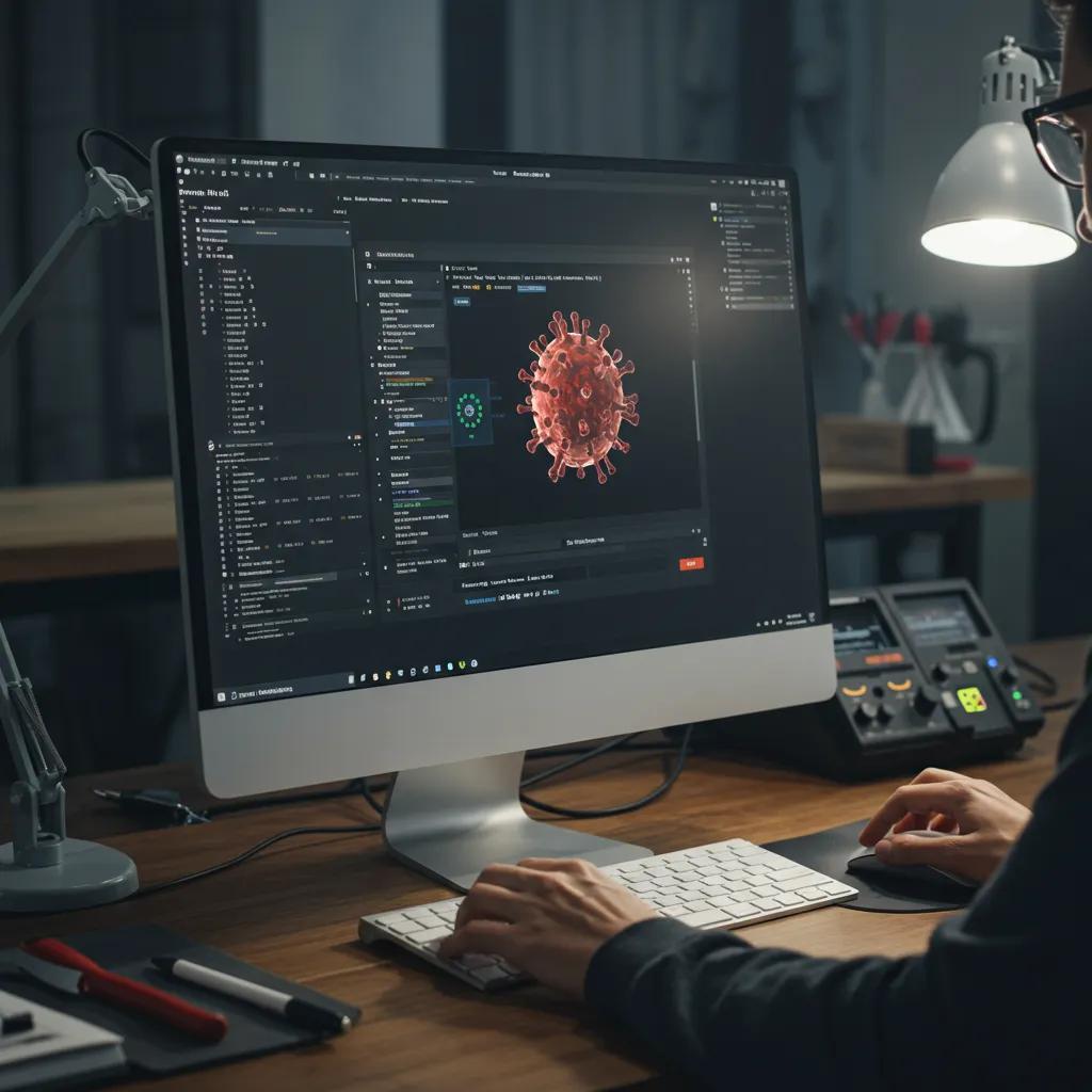 Technician using virus removal software on a computer screen displaying a 3D model of a virus, illustrating Bizup's diagnostic and remediation process for compromised systems.