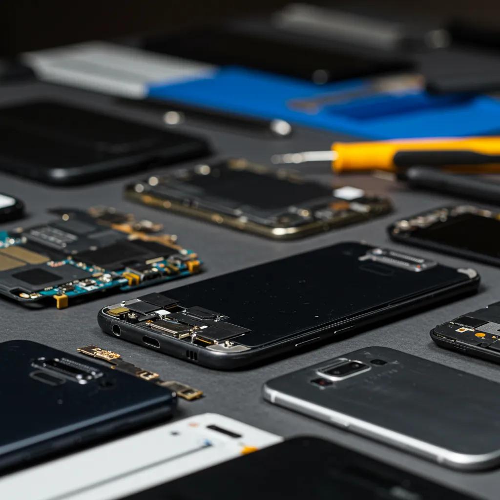 Various Samsung phone models and components on a repair table, showcasing diagnostic tools and parts for screen and display repairs at Bizup.