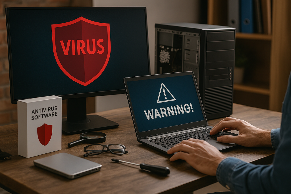 Person using laptop displaying a warning about a virus, with a desktop monitor showing a virus alert and antivirus software box on the desk, emphasizing virus and malware removal services in Port Augusta.