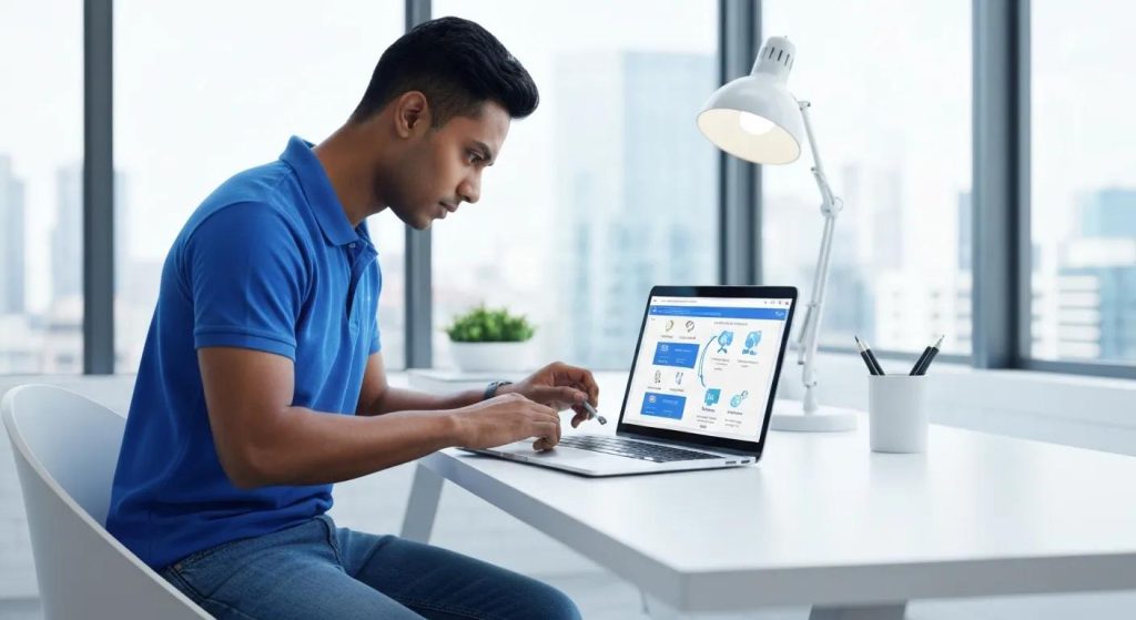 Man in blue polo shirt working on laptop in modern office setting, illustrating expert tech solutions for computer repairs and services.