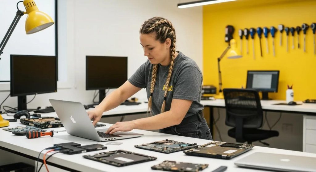 Technician working on laptop repairs in a modern tech workshop, surrounded by computer parts and tools, emphasizing expert computer repair services.