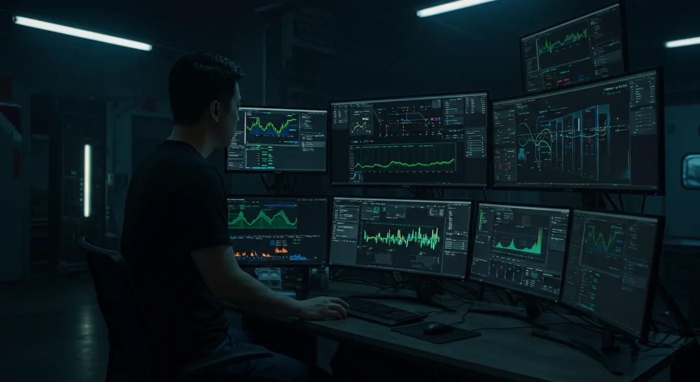 Person monitoring multiple screens displaying data analytics and system diagnostics in a dimly lit environment, relevant to hacked computer recovery and cybersecurity services offered by Bizup IT in Silverton.