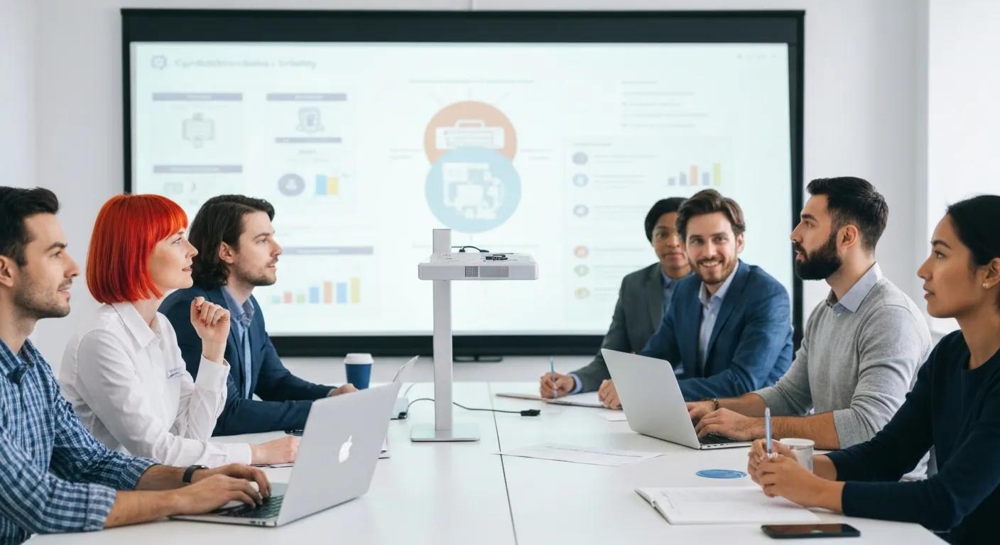 Group of diverse professionals in a meeting room discussing cybersecurity training, with a projector displaying charts and information on safe practices and incident response.
