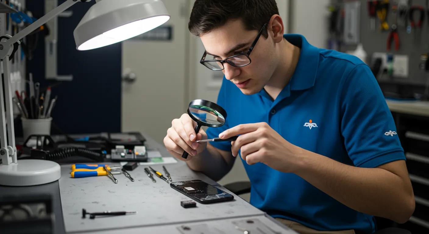 Technician inspecting a cracked iPhone screen with a magnifying glass, surrounded by tools and components in a repair workshop, illustrating iPhone repair services by Bizup in Murray Bridge.