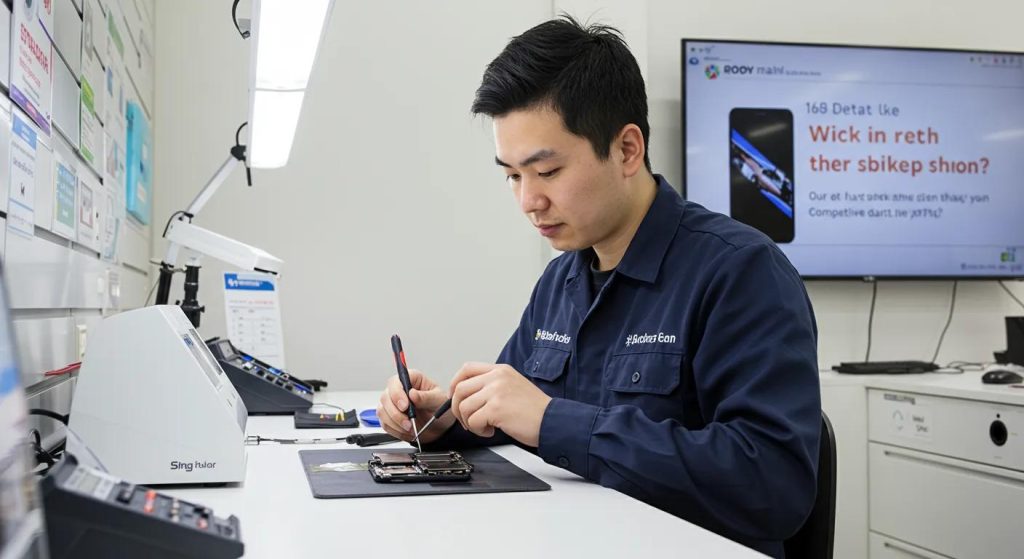 Technician repairing a smartphone in a modern repair shop, showcasing expertise in electronic repairs, with tools and equipment visible.