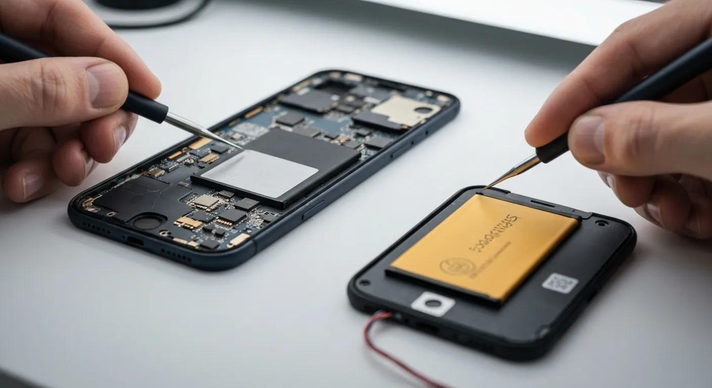 Technician repairing smartphone components, focusing on battery replacement and internal circuitry, illustrating phone repair services offered by Bizup.