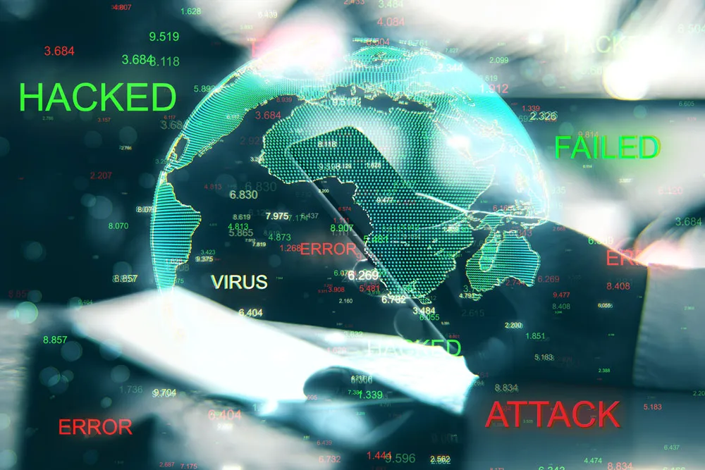 Digital representation of a globe with overlay text including "HACKED," "FAILED," "ERROR," and "VIRUS," illustrating cybersecurity threats and malware concerns relevant to virus and malware removal services in Murray Bridge.