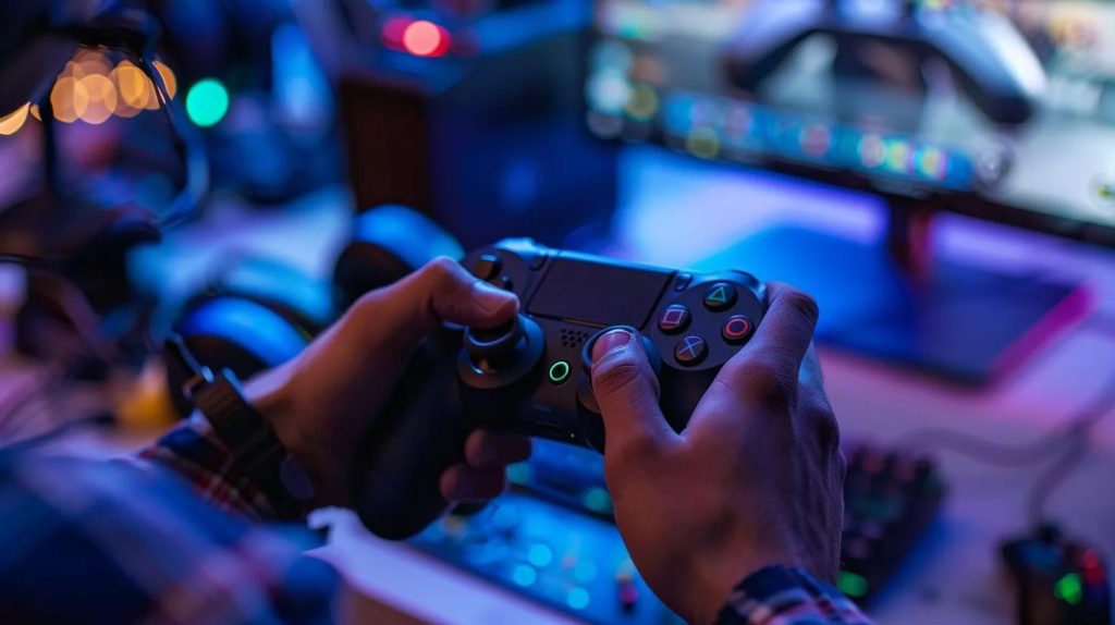 Person holding a gaming controller in a dimly lit room with a computer monitor displaying a game, illustrating gaming console repair services in Griffith.