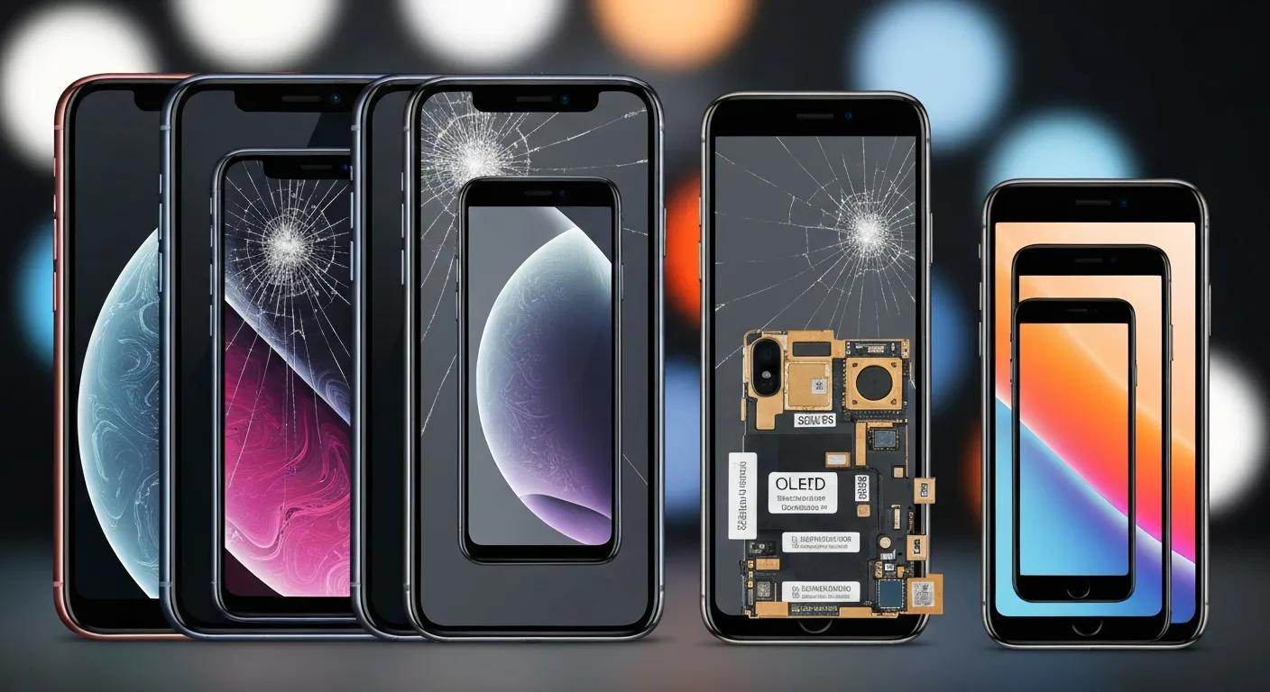 iPhones with cracked screens and internal components displayed, showcasing various models and repair options relevant to iPhone repair services in Griffith.