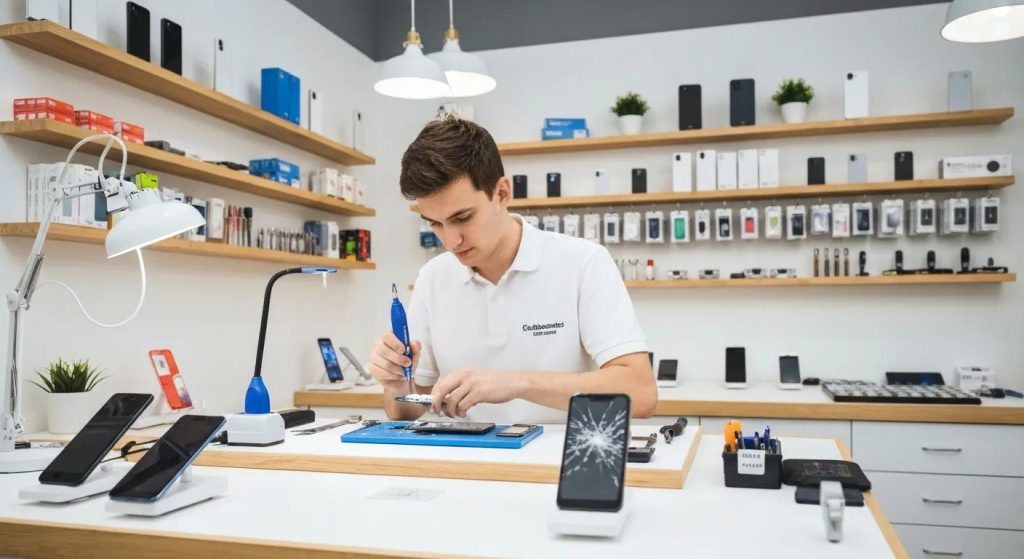 Technician repairing smartphone in a modern phone repair shop, surrounded by various mobile devices and tools, illustrating expert iPhone repairs in Griffith.