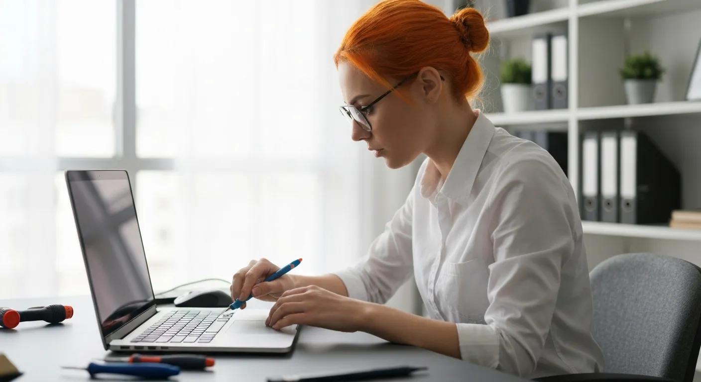 Woman in white shirt using laptop with tools nearby, focused on resolving computer issues related to hacking or malware, in a bright office setting.