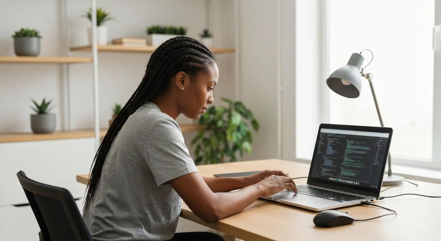 Person working on a laptop displaying code, in a modern home office setting, emphasising tech support and computer services related to virus and malware removal in Murray Bridge.