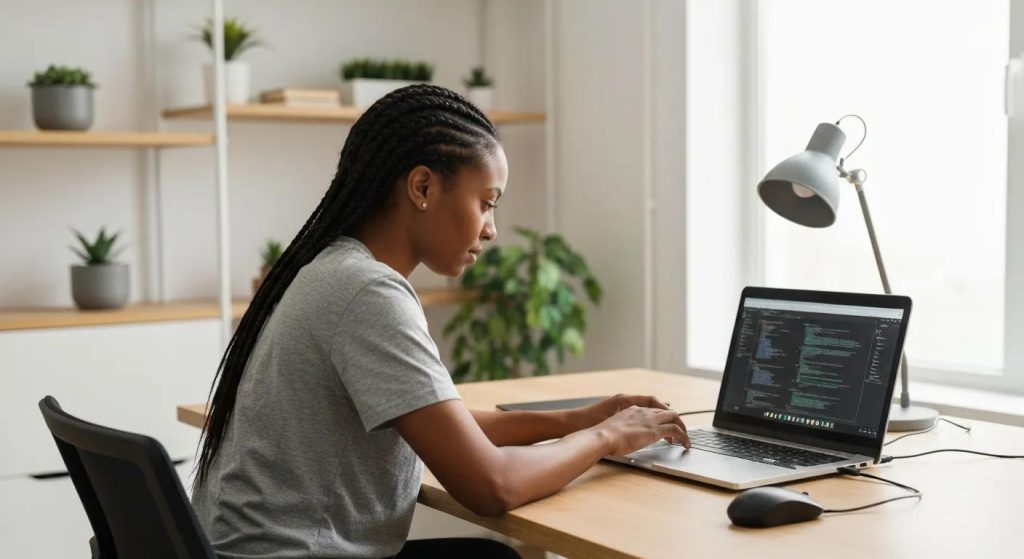 Person working on a laptop in a modern workspace, focusing on coding or tech tasks, with plants and a desk lamp in the background, reflecting expert computer repair services in Murray Bridge.
