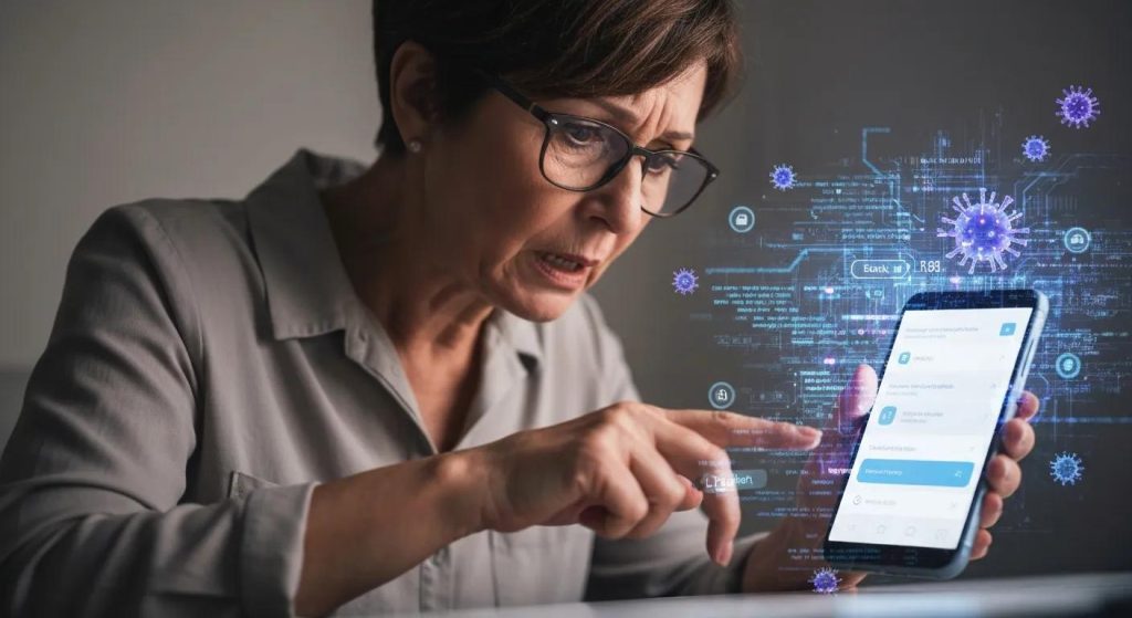 Woman using smartphone with a focused expression, surrounded by digital virus icons and data patterns, illustrating phone virus issues and the need for expert repair services.