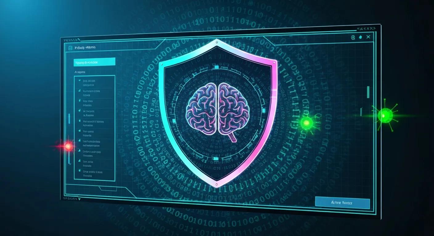 Digital shield with brain graphic, representing cybersecurity and malware protection, surrounded by binary code and virus icons, relevant to professional computer repair and malware removal services in Murray Bridge.