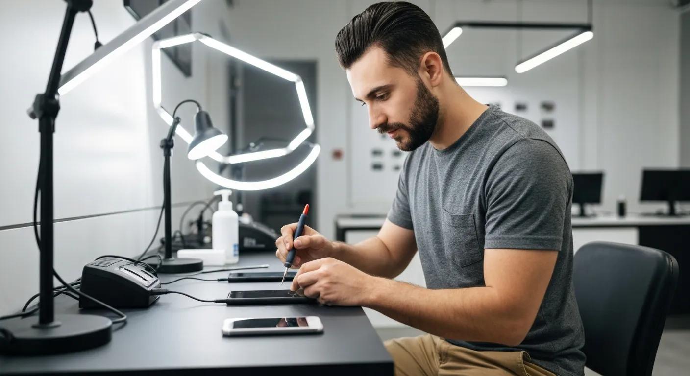 Technician repairing smartphones at a service desk, focused on phone virus removal, with tools and devices visible in a modern workspace.