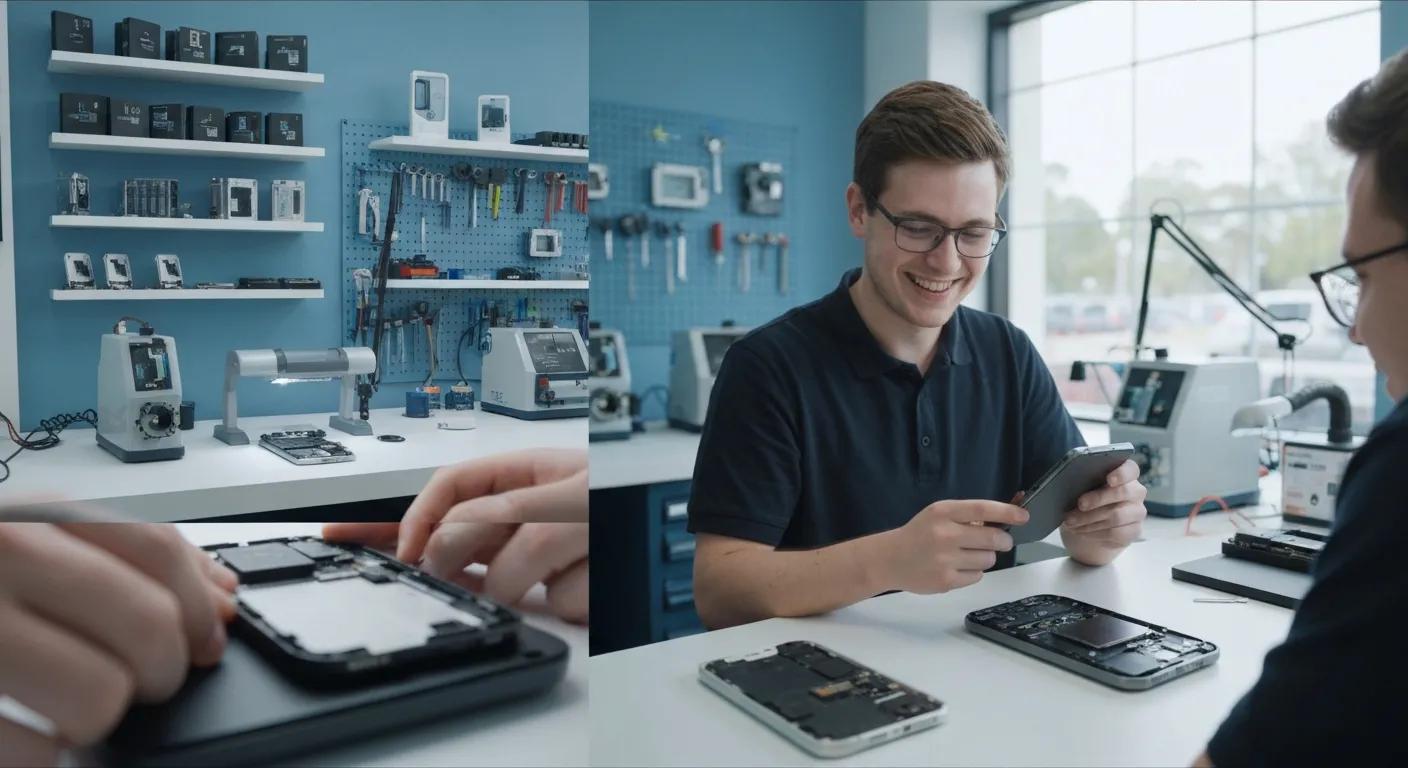 Technician repairing smartphone in modern workshop, showcasing phone repair process with tools and equipment.