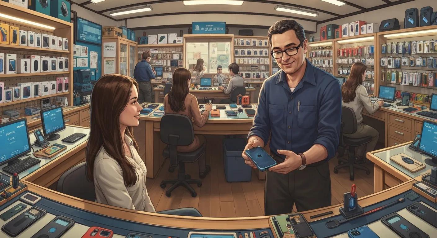 Customer service interaction in a phone repair shop, with a technician showing a smartphone to a woman, surrounded by various phone models and accessories, illustrating Bizup's commitment to efficient and reliable same-day phone repairs.