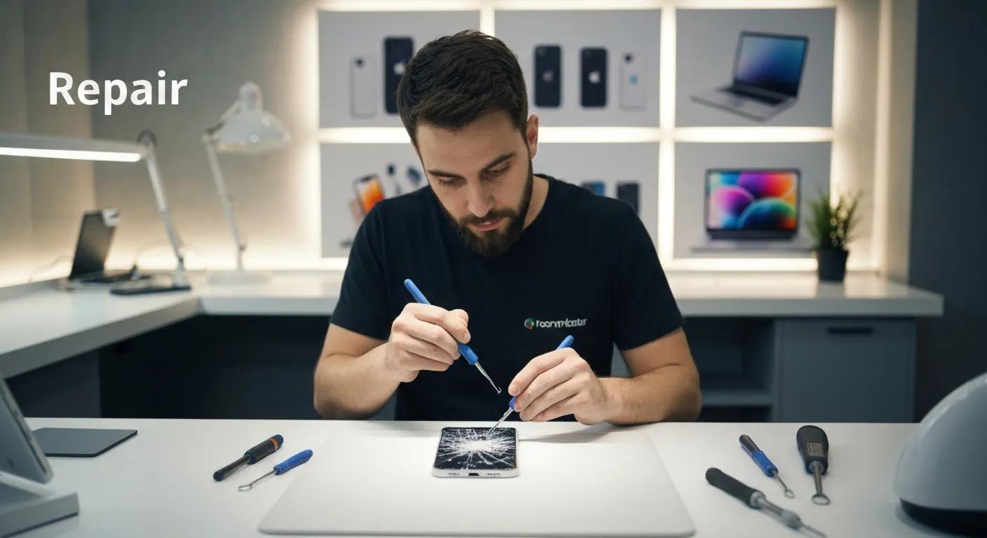 Technician repairing a cracked iPhone screen with tools on a workbench, showcasing expert iPhone repair services in Griffith.