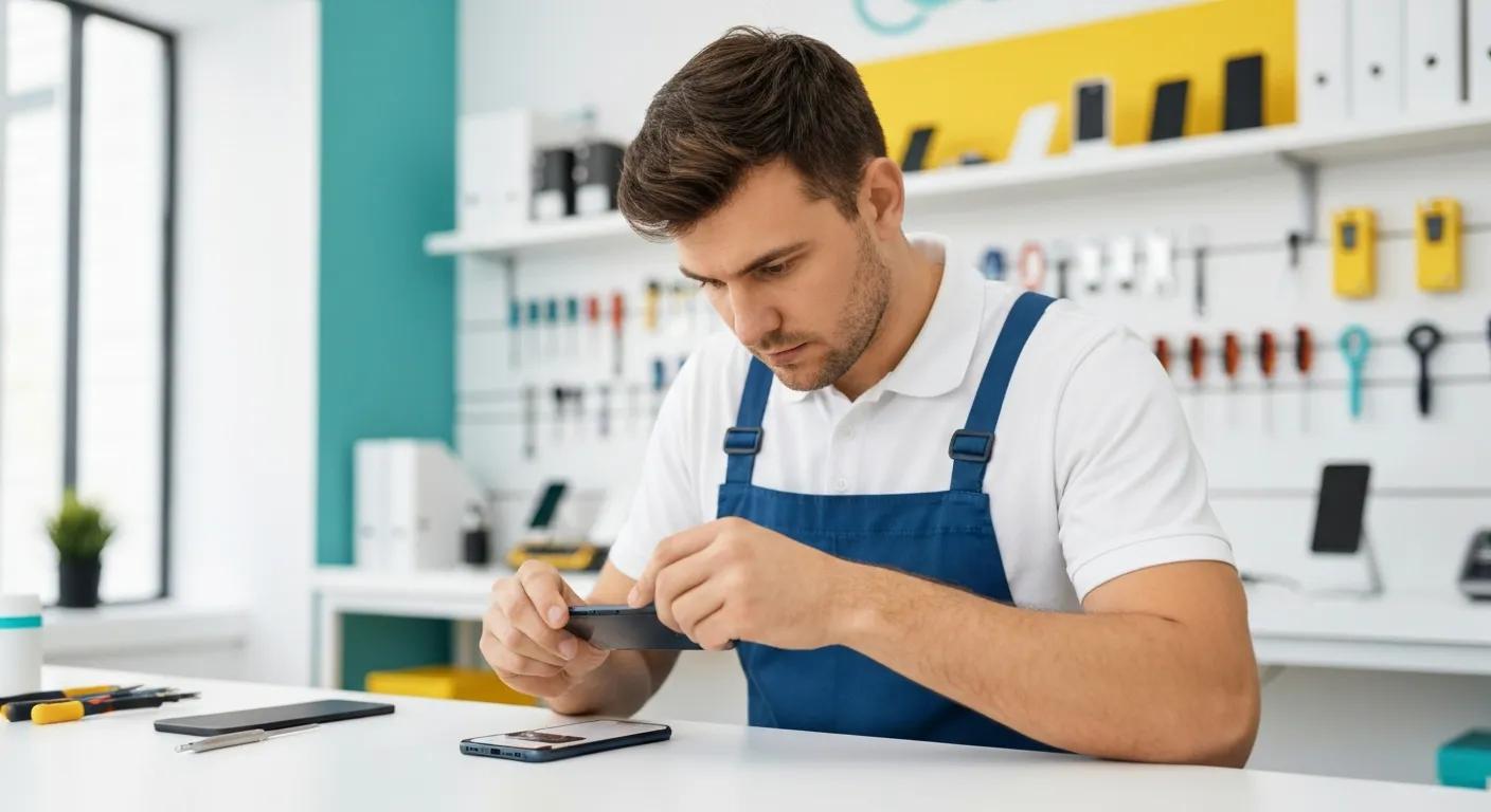 Technician repairing smartphone in phone repair shop, surrounded by tools and devices, emphasising fast and affordable phone repairs in Port Augusta West.