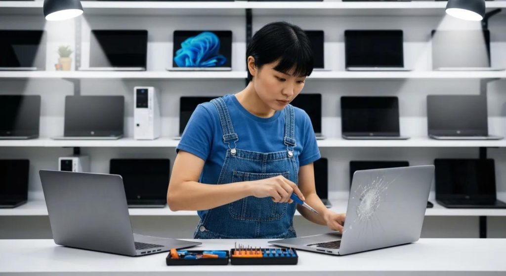 Technician repairing a laptop with a cracked screen in a tech repair shop, surrounded by other laptops and tools, illustrating expert computer repair services.