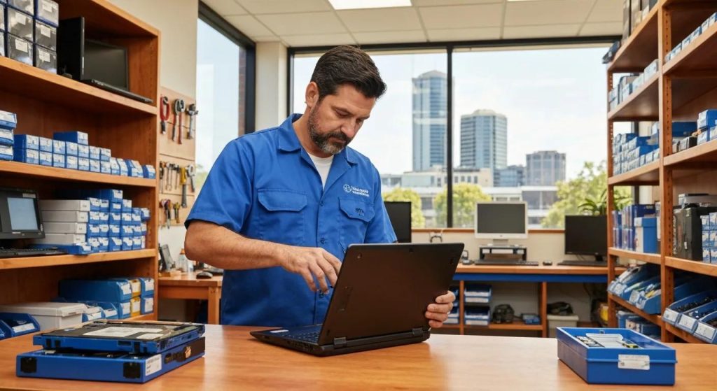 Technician in blue shirt repairing a laptop in a tech repair shop with shelves of equipment and tools, representing expert computer repair services in Griffith.