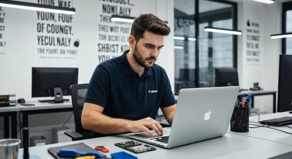Technician working on a laptop in a modern computer repair shop, showcasing expert services for computer repairs in Murray Bridge.