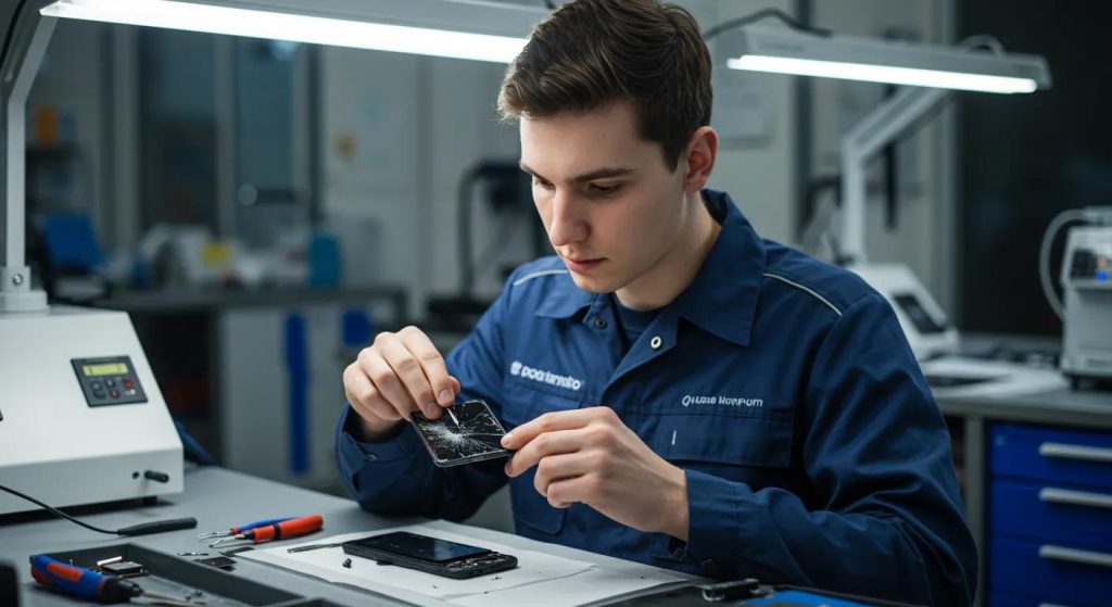 Technician repairing a cracked iPhone screen in a professional repair workshop, surrounded by tools and equipment, emphasizing expert iPhone repair services.