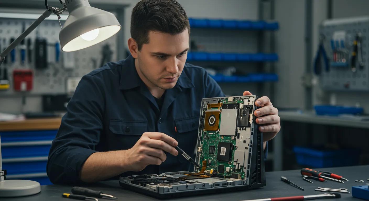 Technician repairing a gaming console, focused on internal components, with tools and workspace visible, illustrating diagnostic and repair services.