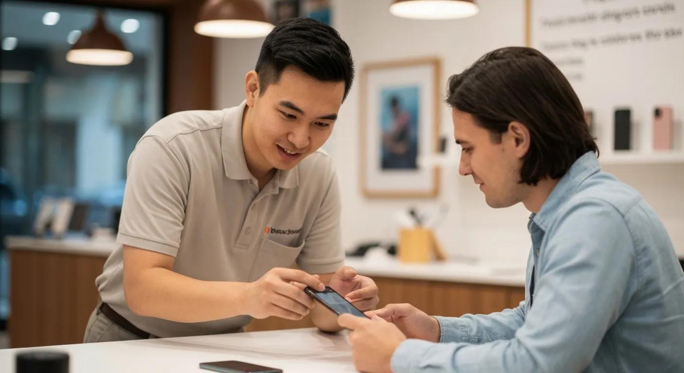 Technician assisting customer with smartphone repair in a modern service centre, highlighting local expertise and customer service at Bizup IT.