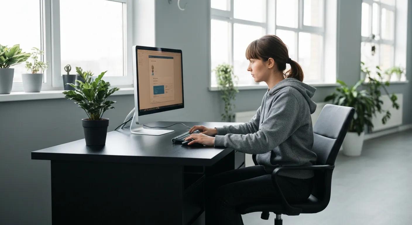 Woman working on a computer at a desk, focusing on virus cleaning software, with indoor plants in a well-lit room, relevant to computer virus cleaning services in Broken Hill.