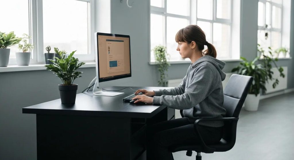 Woman working on a computer at a desk with plants, illustrating computer repair and virus cleaning services in Broken Hill.
