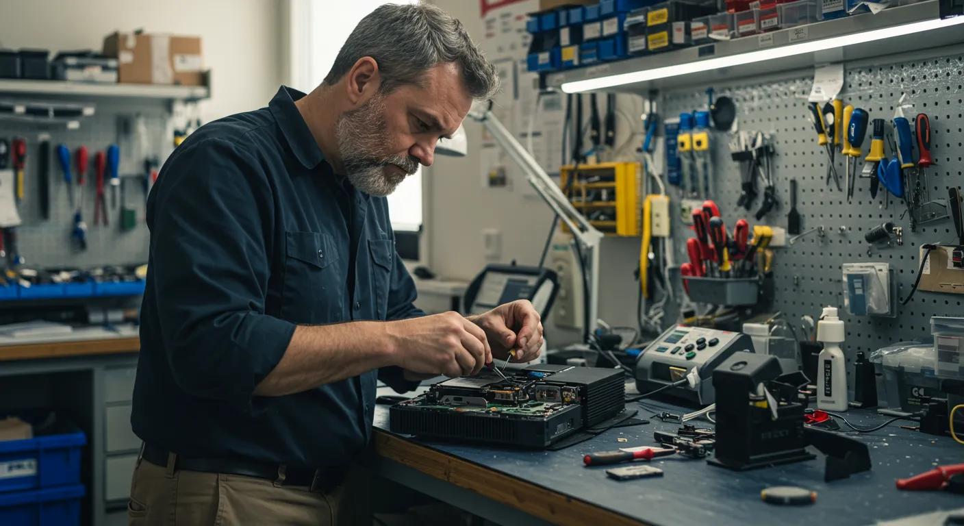 Technician repairing a gaming console on a workbench, surrounded by tools, illustrating affordable gaming console repairs in Murray Bridge.