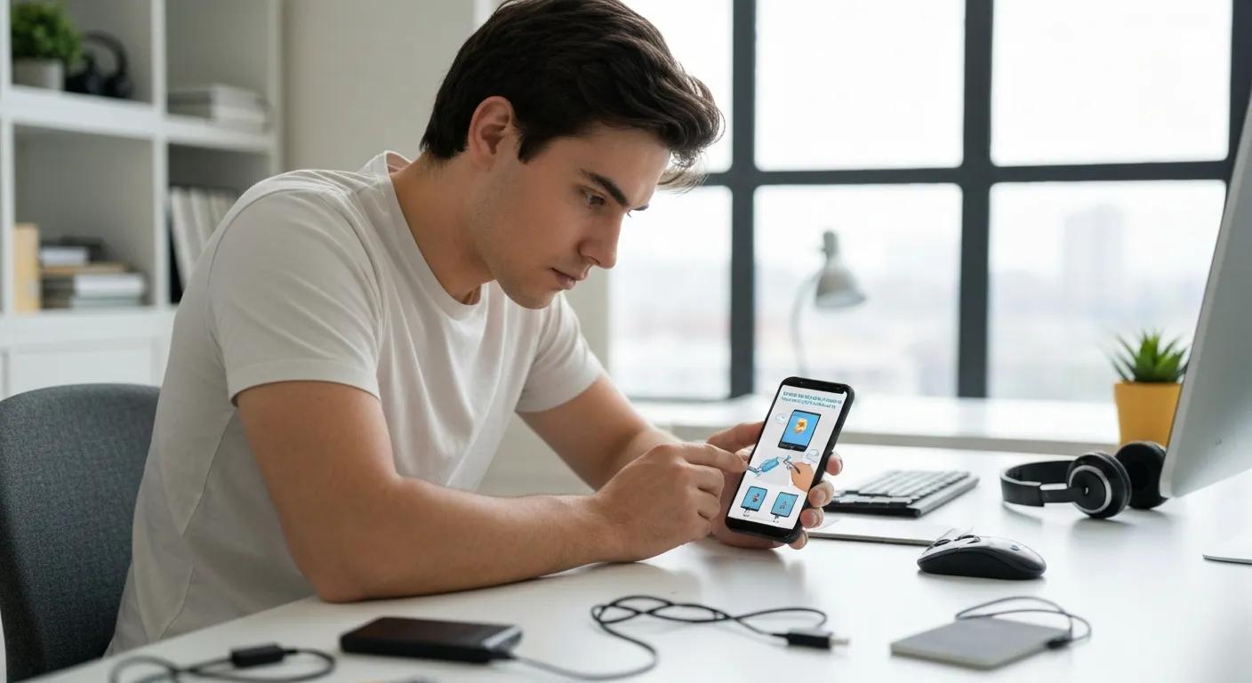 Man using smartphone with visible app icons for virus removal, in a modern workspace setting, highlighting DIY phone virus repair methods.