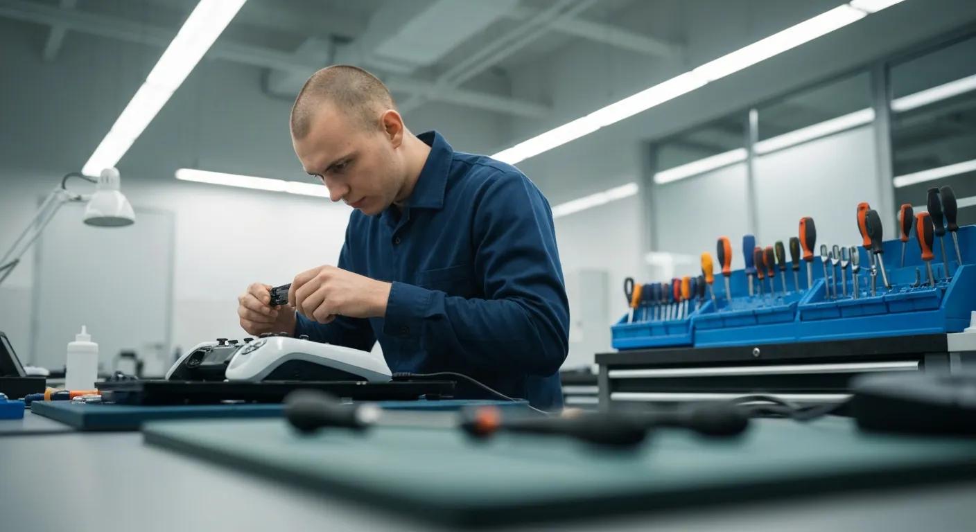 Technician repairing a gaming console in a modern workshop, surrounded by tools and equipment for PlayStation, Xbox, and Nintendo Switch repairs.
