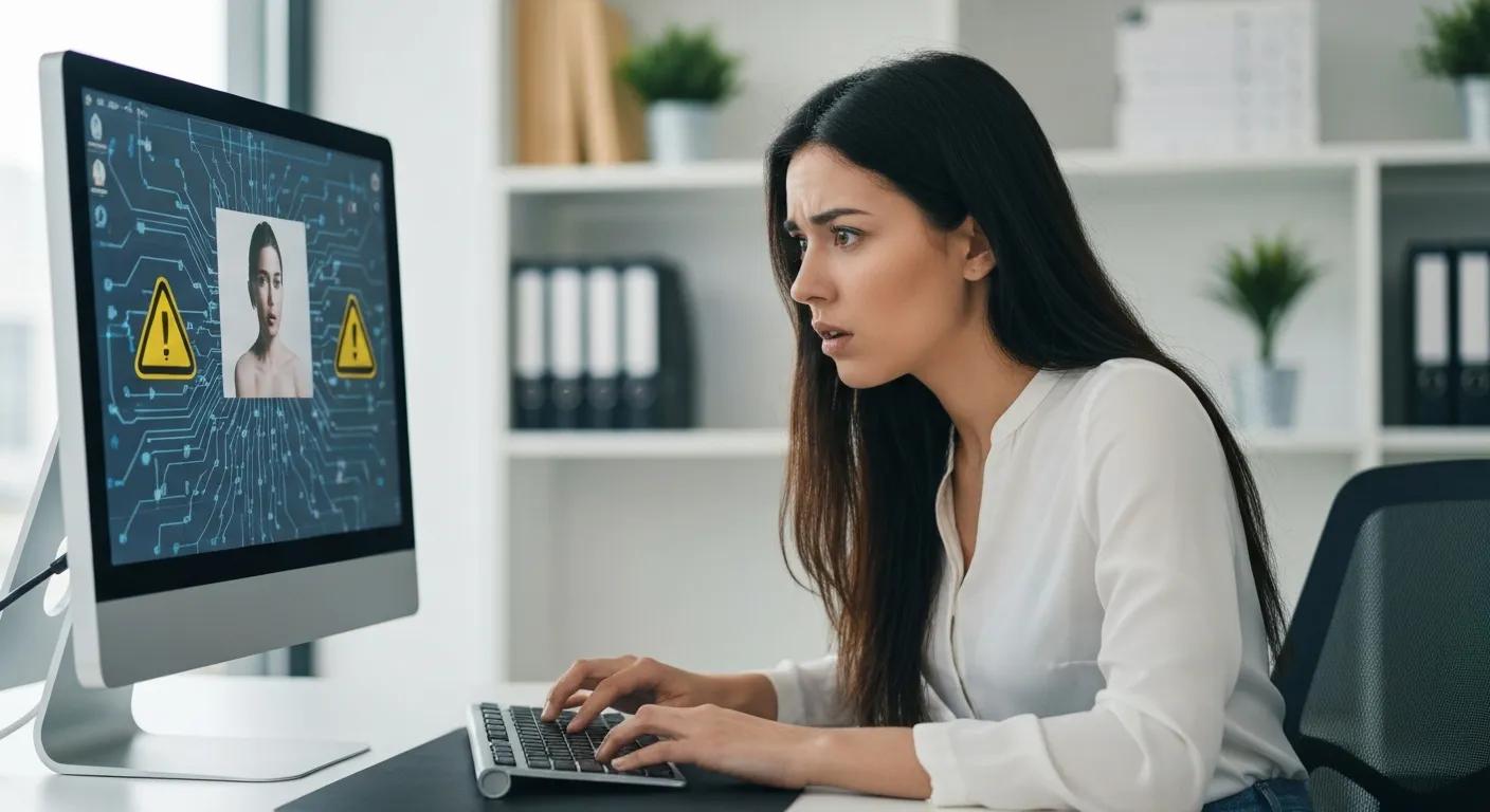 Woman looking concerned at computer screen displaying warning signs and a suspicious image, illustrating urgency of hacked computer repair services in Griffith.