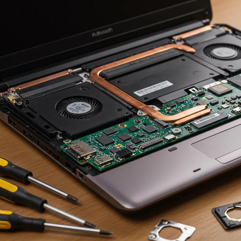 Close-up of a laptop's internal components during repair, featuring visible circuit board, cooling fans, and tools, illustrating laptop repair services for hardware issues like slow performance and component failures.