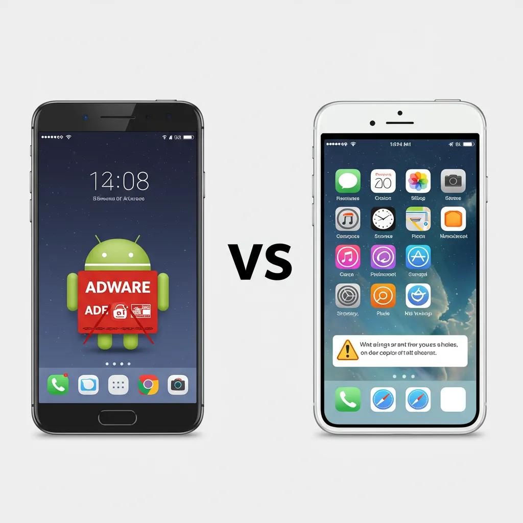 Comparison of Android and iPhone virus symptoms, featuring an Android phone displaying an adware warning and an iPhone showing a security alert.