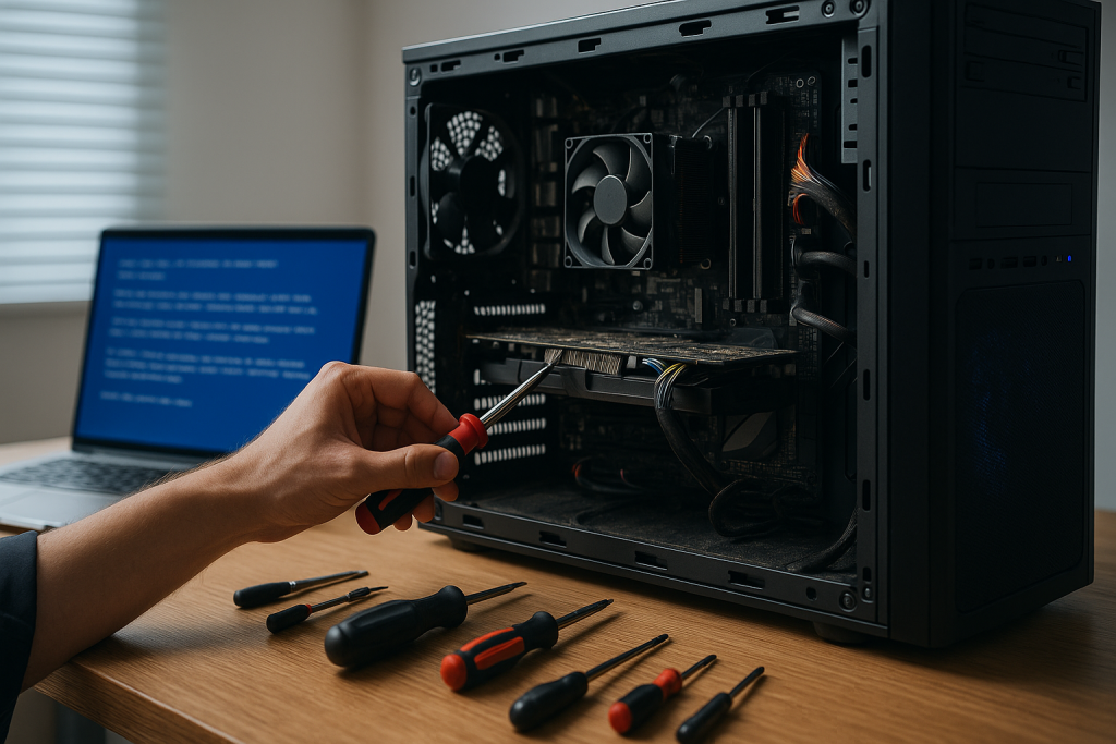 Hand using a screwdriver to repair a computer, with an open case revealing internal components and a laptop displaying an error message in the background, highlighting computer repair services in Griffith.